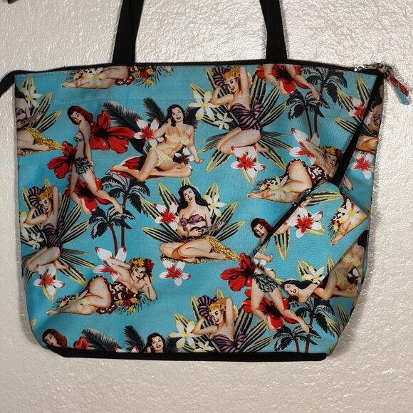 Vintage-Inspired Hawaiian Pin-Up Girl Print Tote Bag Zipper Pockets &  Pouch - Picture 2 of 15